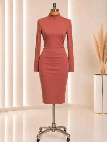 ? VESTIDO FEMININO MIDI CANELADO | GOLA ALTA + MANGA LONGA ?
