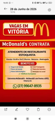 Vagas de emprego MC Donald's