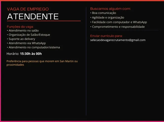 Vaga de emprego - Atendimento salão e delivery