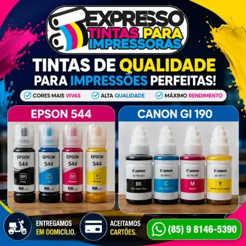 Tinta Impressoras Canon Epson e HP. Pronta Entrega. Várias Promoções Disponíveis.