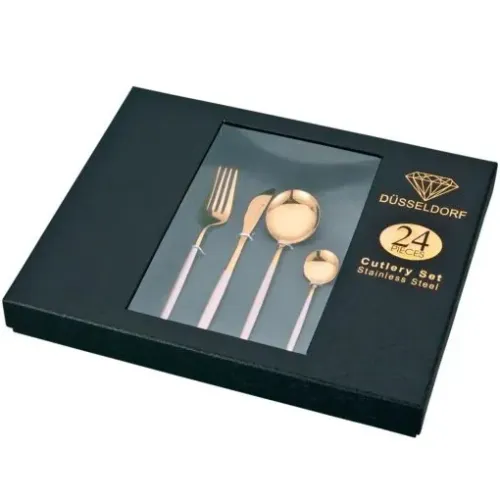 Jogo de Talheres Slim 24 Peças Dourado e Rosa