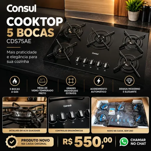 Cooktop 5 Bocas a Gás Consul com Queimadores Especiais e Mesa de Vidro - Consul - Novo