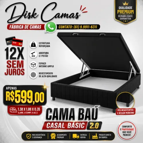 Cama Baú Casal com Grande Capacidade Interna - Por apenas R$599,00