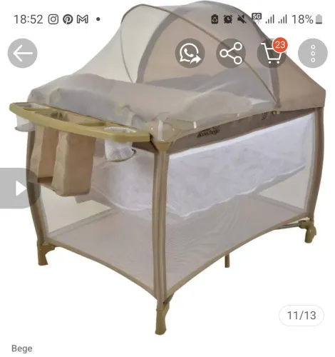 Berço desmontável Burigotto, cor bege com todos os itens e bolsa pra carregar.