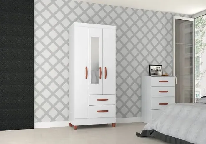 Guarda Roupa Solteiro 3 Portas 2 Gavetas Branco