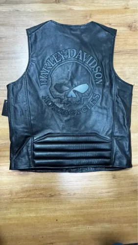 raridade, colete preto harley davidson reflexivo willie g couro caveira genuíno, item raro