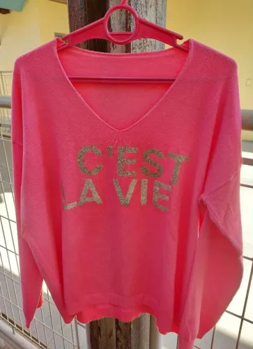 Pulover Rosa com decote V em lã de viscose e poliamida