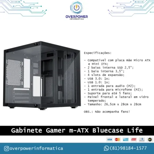 Gabinete Gamer mini aquário vidro temperado, suporta até 5 fans 120mm