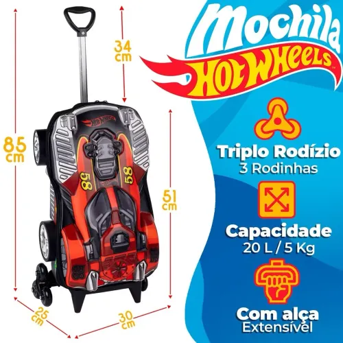 Mochila Infantil Escolar Hot Wheels 3 Rodinhas Menino Vermelho