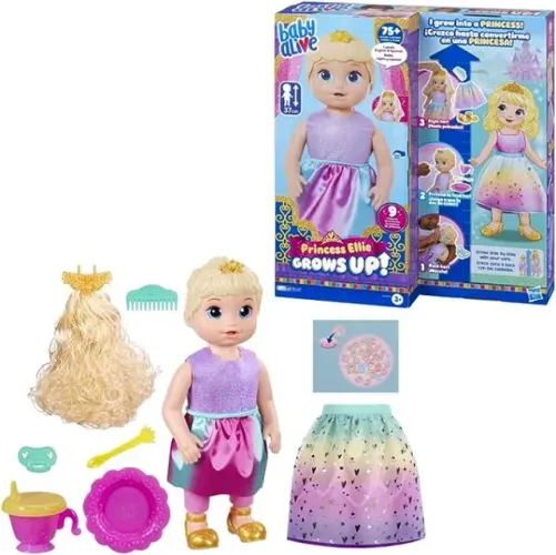 Boneca Baby Alive Princess Ellie Grows Up! Cabelos Loiros, Bebê 45 cm que Cresce e Fala
