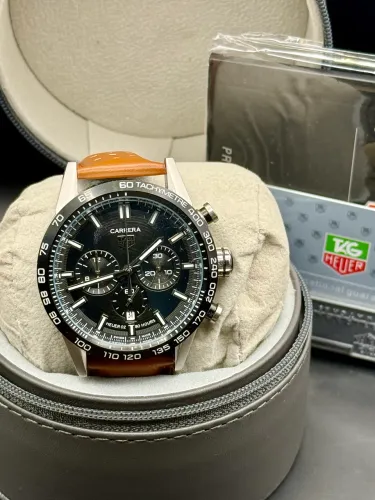 Relogio Masculino Tag Heuer Carrera Preto - Pulseira Couro - 43mm - Safira + Estojo