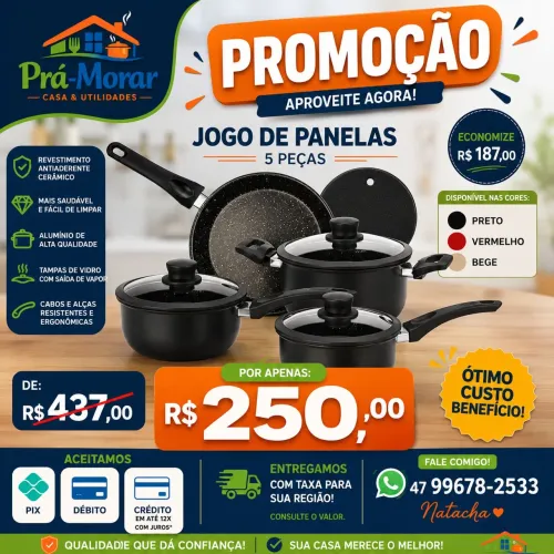 Jogo de panelas 5 peças antiaderente cerâmico. Entregamos em Joinville e região com taxa.