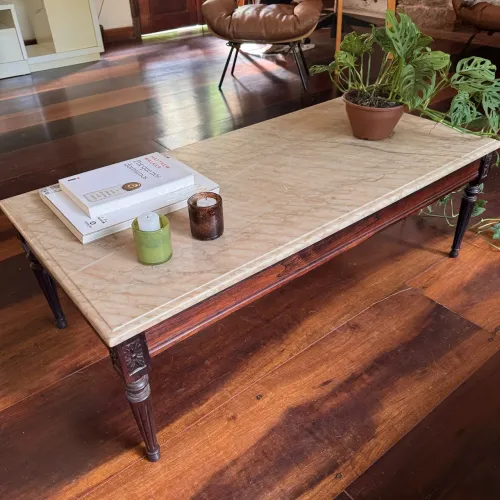 Mesa de centro madeira + mármore natural perfeita