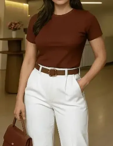 Kit 2 Blusas Feminina Ribana Canelado Estilosa Básica Casual - Marrom e Bege - Tam P