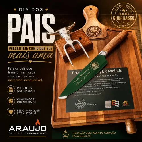 Kit churrasco com tábua, faca e garra