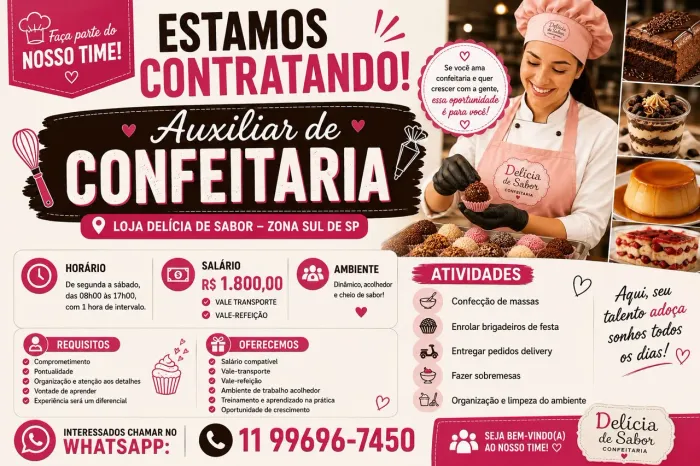 ESTAMOS CONTRATANDO AUXILIAR DE CONFEITEIRA - JARDIM SÃO LUIS | ZONA SUL
