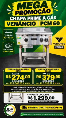 Chapa Para Hambúrguer a Gás Marca Venâncio Prime PCM 60 - 8 mm ou 19 mm
