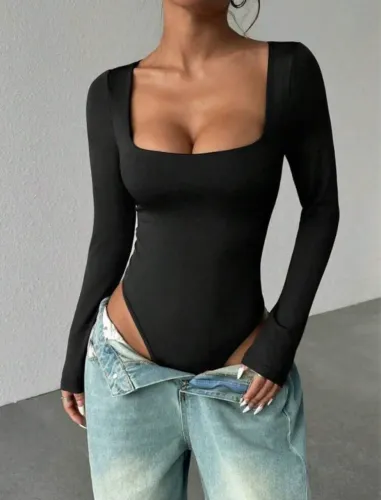 Body Collant Modelador Decote Quadrado Manga Longa Moda Gringa Moda Blogueira