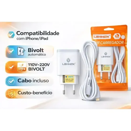 Carregador Lehmox 3.1A Completo com Cabo Lightning.