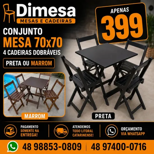 Kit 70x70 mesa com 4 cadeiras dobráveis preta ou imbuia