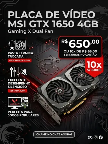Placa de Vídeo MSI GTX 1650 4GB Gaming X Dual Fan (10x s/ Juros + Entrega)