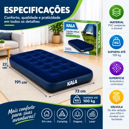 Colchão Inflável Solteiro Azul. (1,91 x 0,73 x 22Cm).
