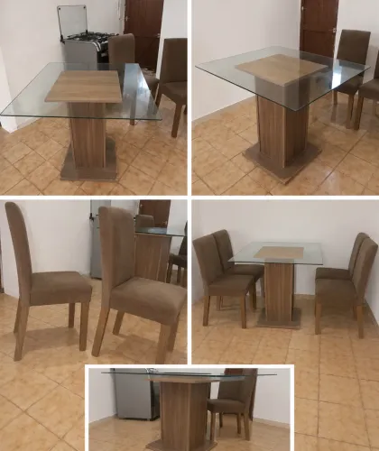 Mesa de jantar com tampo de vidro + 4 cadeiras estofadas