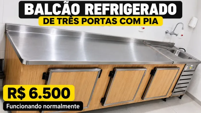 Balcão Refrigerado Inox 3 Portas com Pia