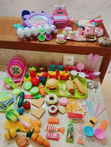 Kit faz de conta comidinhas kit chá e chapa de sorvete que funciona de verdade