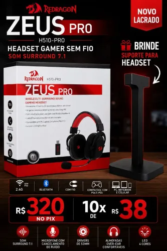 Headset Redragon Zeus Pro H510-PRO + Suporte de Brinde