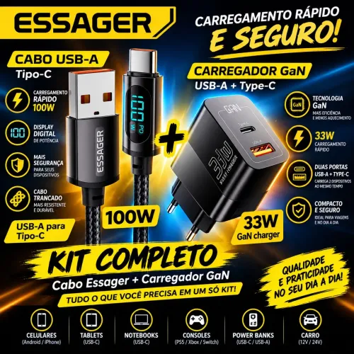 Kit Carregador Rápido Turbo+Cabo USB Visor Essager Celular Tablete