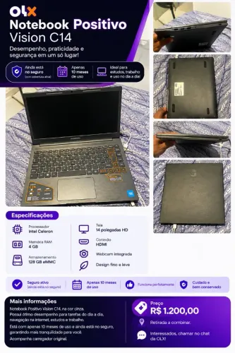 Notebook Positivo Vision C14 Intel Celeron 4GB RAM 128GB eMMC