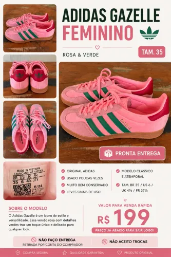 Adidas Gazelle Feminino Rosa e Verde Tam. 35 Original - R$ 199