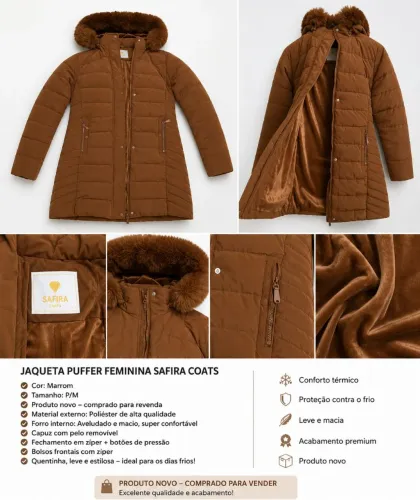 Jaqueta Puffer Importada Feminina de Veludo Cotelê Marrom NOVA