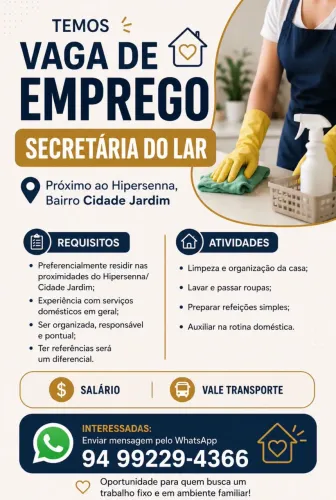 Vaga para secretaria do lar 