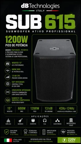 Subwoofer Profissional Original DB Technologies Italy Compacto, Potente 1200w 15"