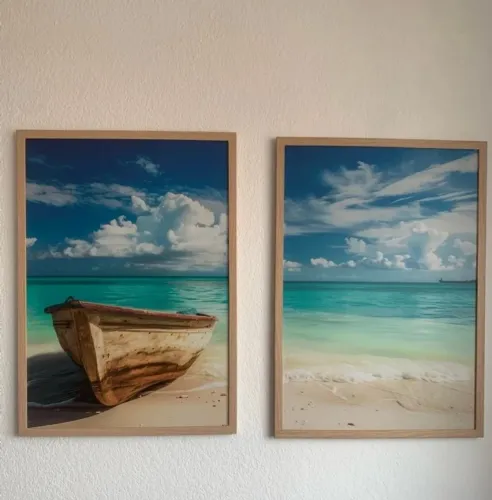 Kit 2 quadros Praia e Barco 50cm x 70cm