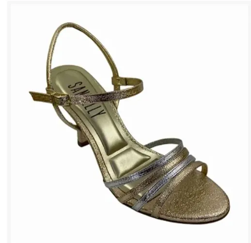 Sandália Salto Fino Metalizada Com Tiras Tricolor Champagne