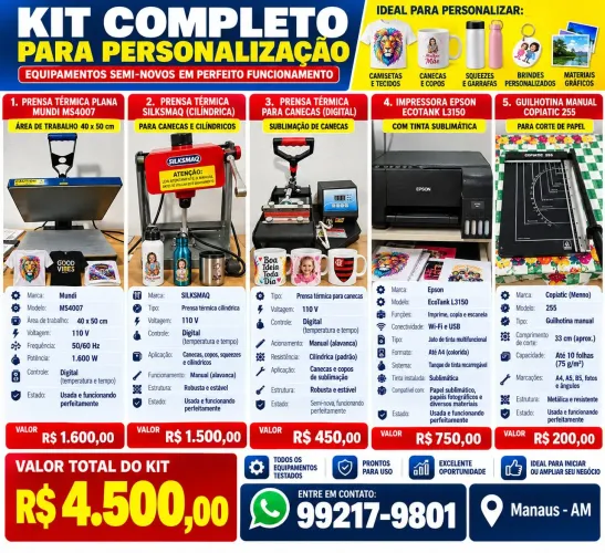 Kit Completo de Sublimação - 5 Equipamentos Seminovos<br>