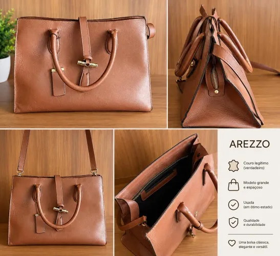 Vendo bolsa Arezzo original, grande e espaçosa, em couro legítimo, na cor marrom/caramelo