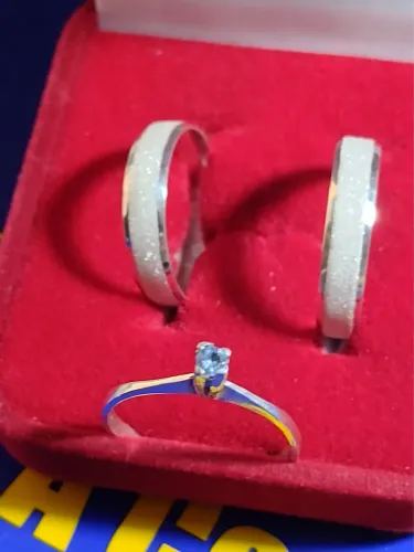 Trio Aliança Prata 950 Largura 3 mm Lisa e Maciça Mais Solitários de Prata Pedra 4 mm 