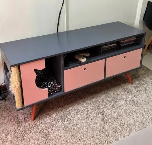 Rack retrô TV até 55" Pet Angorá grafite e rosê