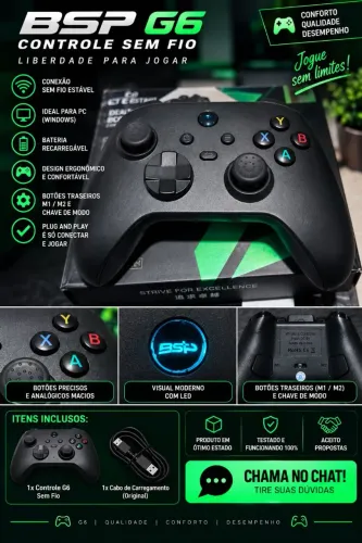 Controle BSP G6 Sem Fio Gamer + Cabo | PC e celular!