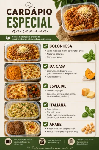 Refeições saudáveis nutritivas sabores clássicos, italiana, árabe, brasileira quentinha