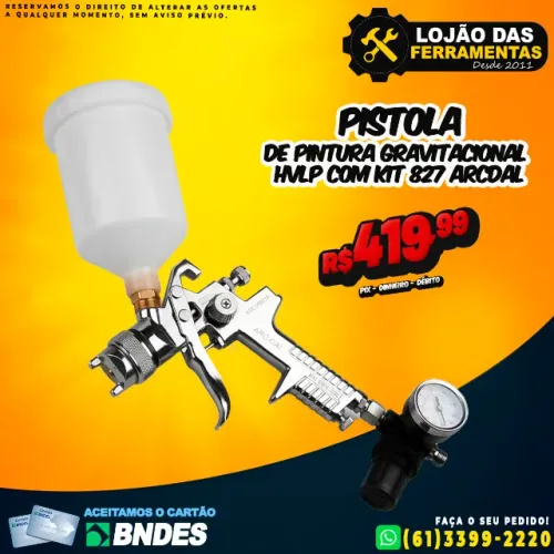 Pistola de Pintura Gravitacional HVLP Com Kit 827 Arcdal