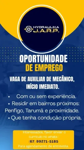 Oportunidade de emprego saída para Sidrolândia.