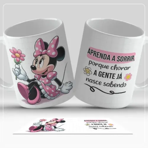 Caneca de Porcelana Minnie Frase Aprenda a Sorrir Presente