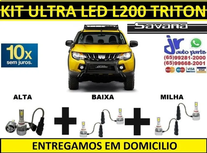 Kit Lampada Ultra LED (Alta/Baixa/Milha) L200 Triton Savana 6000K 12V 24V