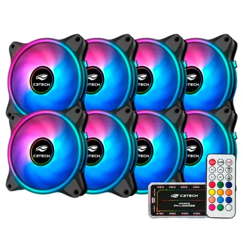 Kit 8 Cooler Fan 120mm C3Tech C110F250 com Controladora e Controle ARGB 3P 5V - WZetta