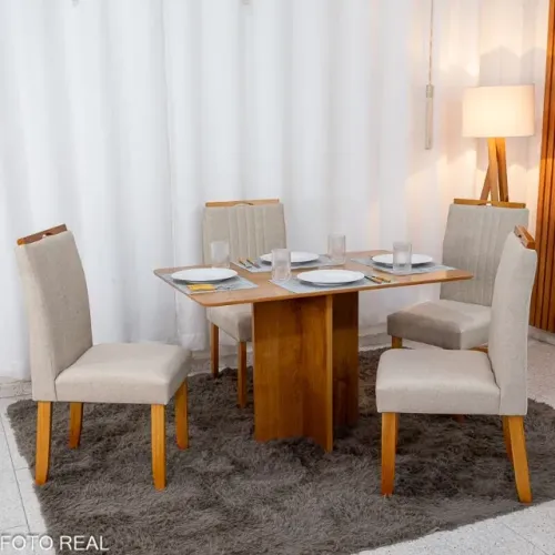 Mesa de Jantar Salina 120x80 Cinamomo + 4 Cad. Atlanta Linho Bege Cru Até 12x